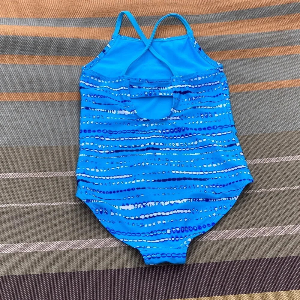 LANDS END Blue Striped Kids 1 Piece Swimsuit Girls Medium 8